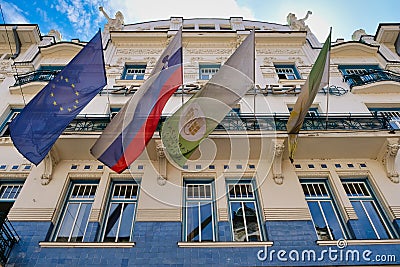 Flags Flying on Historical Building, Ljubljana, Slovenia Editorial Stock Photo