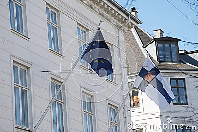 Flags flyover Finland embassy in Copenhagen Denmark Editorial Stock Photo