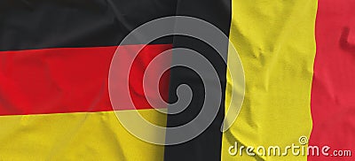 Flags of Germany and Belgium. Linen flag close-up. Flag made of canvas. German, Berlin. Belgian. State national symbols. 3d Cartoon Illustration