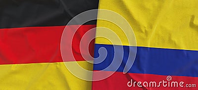 Flags of Germany and Colombia. Linen flag close-up. Flag made of canvas. German, Berlin. Bogota. State national symbols. 3d Cartoon Illustration