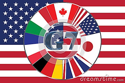 Flags included in the big seven in a circle against the background of the flag of the United States Stock Photo