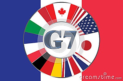 Flags included in the big seven in a circle on the background of the flag of France Stock Photo