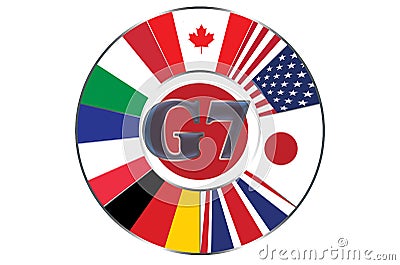 Flags included in the big seven in a circle on the background of the flag of Japan Stock Photo