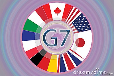 Flags included in the big seven G7 in a circle on a gradient background Stock Photo