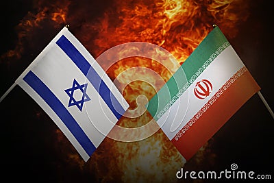 Flags of iran and Israel of america against background of a fiery explosion. The concept of enmity and war between Stock Photo