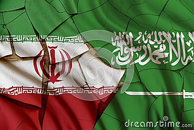 Flags of Iran and Saudi Arabia on a cracked paint wall. Stock Photo