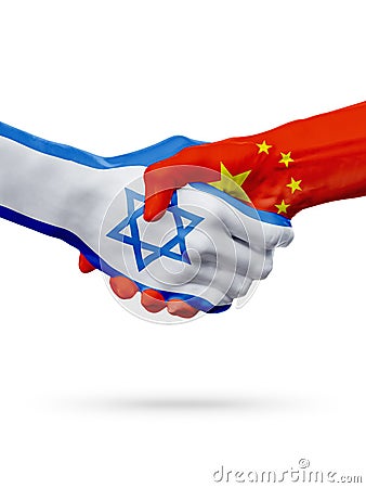 Flags Israel, China countries, partnership friendship handshake concept. Stock Photo