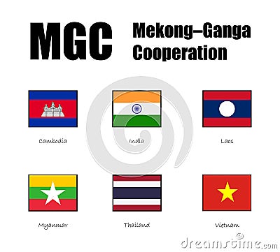 Flags of MGC (Mekongâ€“Ganga Cooperation) partner nations Vector Illustration