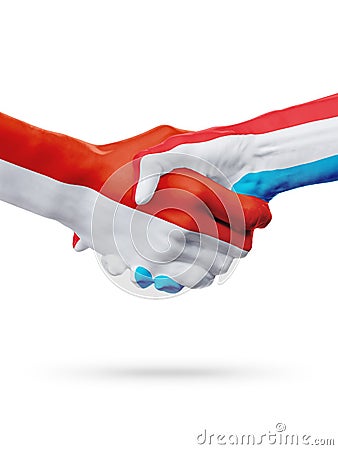 Flags Monaco, Luxembourg countries, partnership friendship handshake concept. Stock Photo