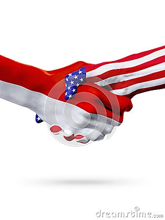 Flags Monaco and United States countries, overprinted handshake. Stock Photo