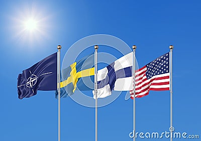 Flags of NATO - North Atlantic Treaty Organization, Finland, Sweden. - 3D illustration. Isolated on sky background Cartoon Illustration