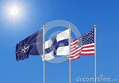 Flags of NATO - North Atlantic Treaty Organization, Finland, USA. - 3D illustration. Isolated on sky background Cartoon Illustration