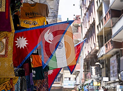 Flags of Nepal and India on Kathmandu street in a shop in Thamel district Editorial Stock Photo