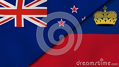 The flags of New Zealand and Liechtenstein. News, reportage, business background. 3d illustration Cartoon Illustration