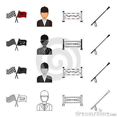 Flags at the races, a jockey in uniform, a barrier on the racetrack, a stack. Hippodrome and horse racing set collection Vector Illustration
