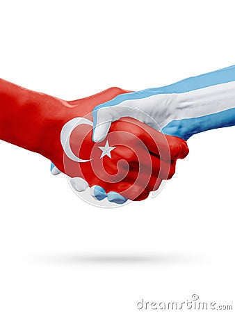 Flags Republic of Turkey, Argentina countries, partnership friendship handshake concept. Stock Photo