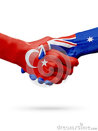 Flags Republic of Turkey, Australia countries, partnership friendship handshake concept. Stock Photo