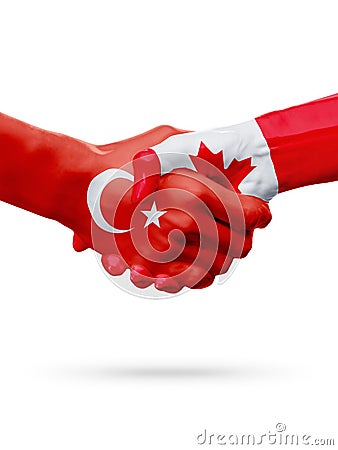 Flags Republic of Turkey, Canada countries, partnership friendship handshake concept. Stock Photo