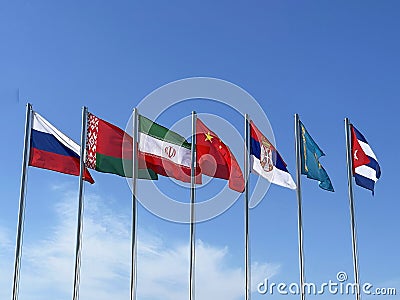 Vladivostok, Russia, September, 03, 2023. Flags of Russia, Belarus, Iran, China, Serbia, Kazakhstan, Cuba Editorial Stock Photo