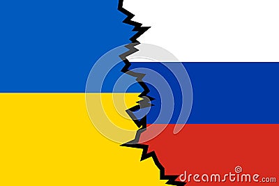 Flags of Russia and Ukraine with a split between them, showing the conflict between the countries Vector Illustration
