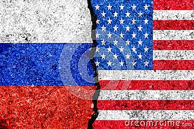 Flags of Russia and USA painted on cracked wall background/Russia versus USA conflict concept Stock Photo