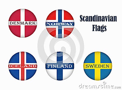Flags of Scandinavia in circle shape, scandinavian northern states, nordic countries banners icons. Stock Photo