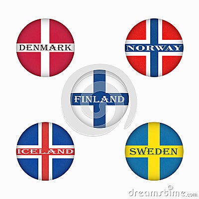Flags of Scandinavia in circle shape, scandinavian northern states, nordic countries banners icons. Stock Photo