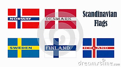 Flags of Scandinavia, scandinavian northern states, nordic countries banners icons. Stock Photo