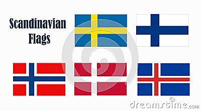 Flags of Scandinavia, scandinavian northern states, nordic countries banners icons. Stock Photo