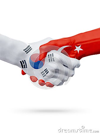 Flags South Korea, Turkey countries, partnership friendship handshake concept. Stock Photo