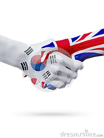 Flags South Korea, United Kingdom countries, partnership friendship handshake concept. Stock Photo