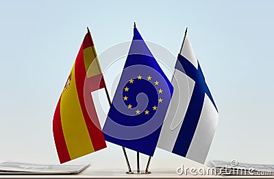 Flags of Spain European Union and Finland Stock Photo