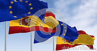 the flags of Spain and the European Union waving in the wind on a sunny day. Democracy and politics. European country Cartoon Illustration