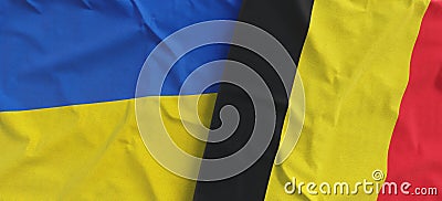 Flags of Ukraine and Belgium. Linen flags close up. Flag made of canvas. Ukrainian. Belgian, Brussels. National symbols. 3d Cartoon Illustration