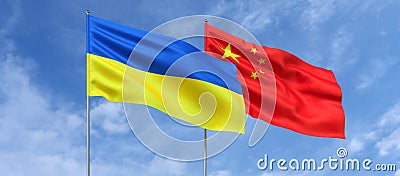 Flags of Ukraine and China on flagpoles in center. Flags on sky background. Place for text. Ukrainian. Beijing, Asia. 3d Cartoon Illustration
