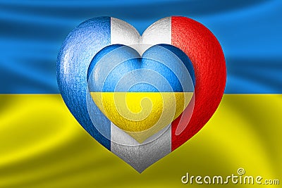 Flags of Ukraine and France. Two hearts in the colors of the flags on the background of the flag of Ukraine. Protection, Stock Photo