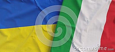 Flags of Ukraine and Italy. Linen flag close up. Flag made of canvas. Ukrainian, Kyiv. Italian, Rome. National symbols. 3d Cartoon Illustration