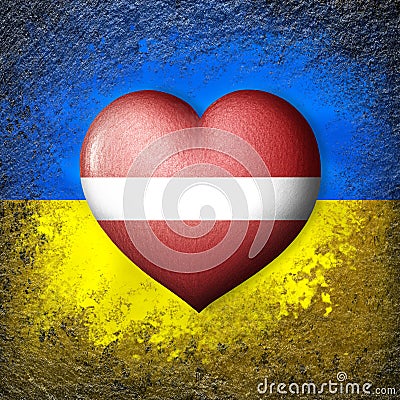 Flags of Ukraine and Latvia. Flag heart on the background of the Ukrainian flag painted on a stone. The concept of protection. Stock Photo
