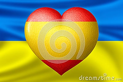 Flags of Ukraine and Spain. Heart color of the flag on the background of the flag of Ukraine. The concept of protection. Military Stock Photo