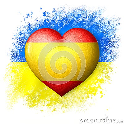 Flags of Ukraine and Spain. Heart color of the flag on the background of the painted flag of Ukraine. The concept of protection. Stock Photo