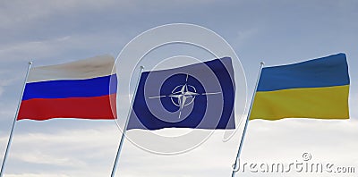 Flags of UKRANIE RUSSIA and NATO United States of America USA waving with cloudy blue sky background, WAR 3D rendering Editorial Stock Photo