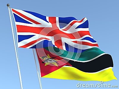 The flags of United Kingdom and Mozambique on the blue sky. For news, reportage, business. 3d illustration Cartoon Illustration