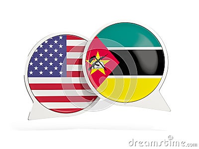 Flags of United States and mozambique inside chat bubbles Cartoon Illustration