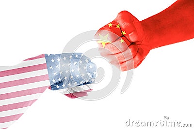Flags of USA and China painted on two fists on white background. United States of America versus China trade war disputes Stock Photo