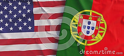 Flags of USA and Portugal. Linen flag close-up. Flag made of canvas. United States of America. Portuguese. State national symbols Cartoon Illustration