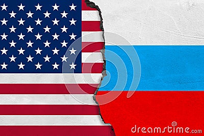 Flags of USA and Russia painted on cracked wall Stock Photo