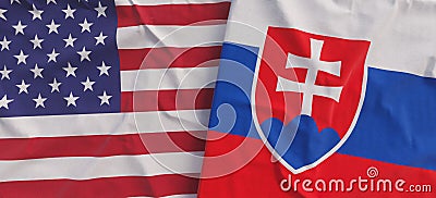 Flags of USA and Slovakia. Linen flags close-up. Flag made of canvas. United States of America. Bratislava State national symbols Cartoon Illustration