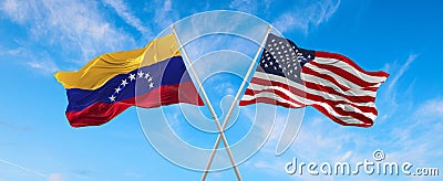 flags of USA and Venezuela waving in the wind on flagpoles against the sky with clouds on sunny day. Symbolizing relationship, Cartoon Illustration