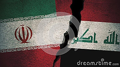 Iran vs Iraq Flags on Cracked Wall Stock Photo