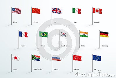 Flags Of The World Flying On 3d Flagpole Vector Set Vector Illustration